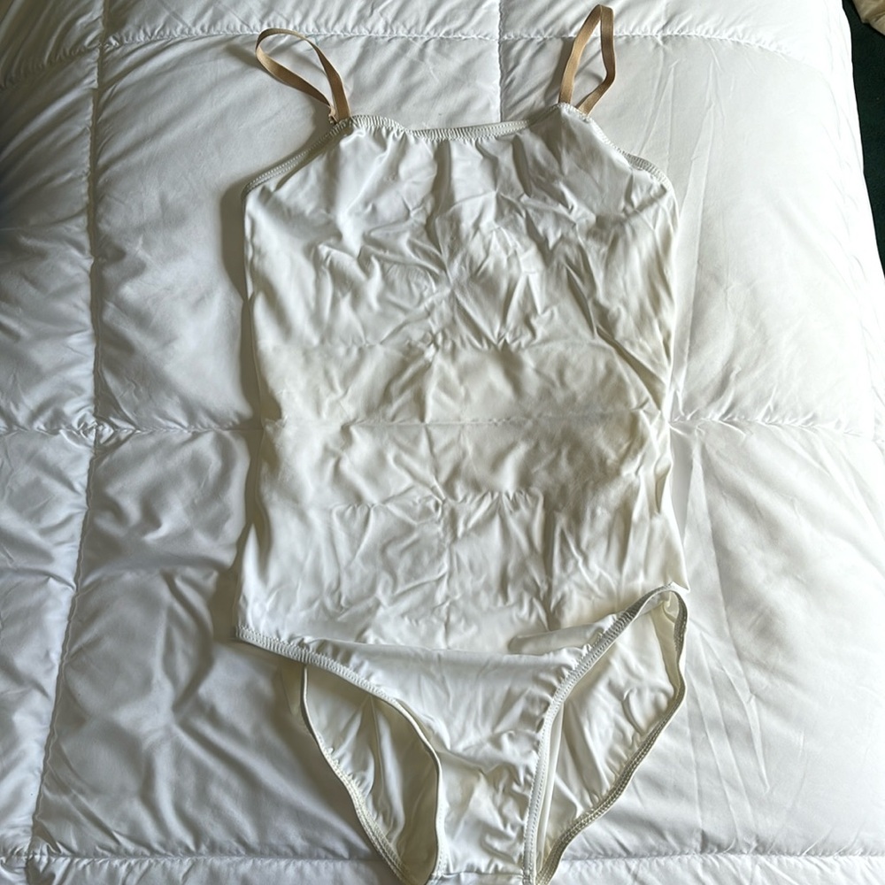 Weissman White Camisole Dance Leotard with Beige Straps